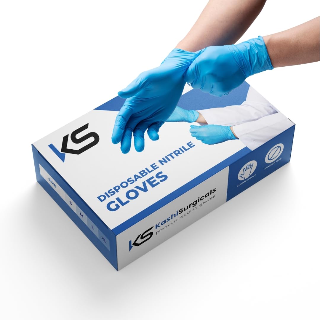 Kashi Surgicals Powder Free Nitrile Hand Gloves, Food Grade, Made in Malaysia (Medium, Blue, Box of 80), Pack of 1
