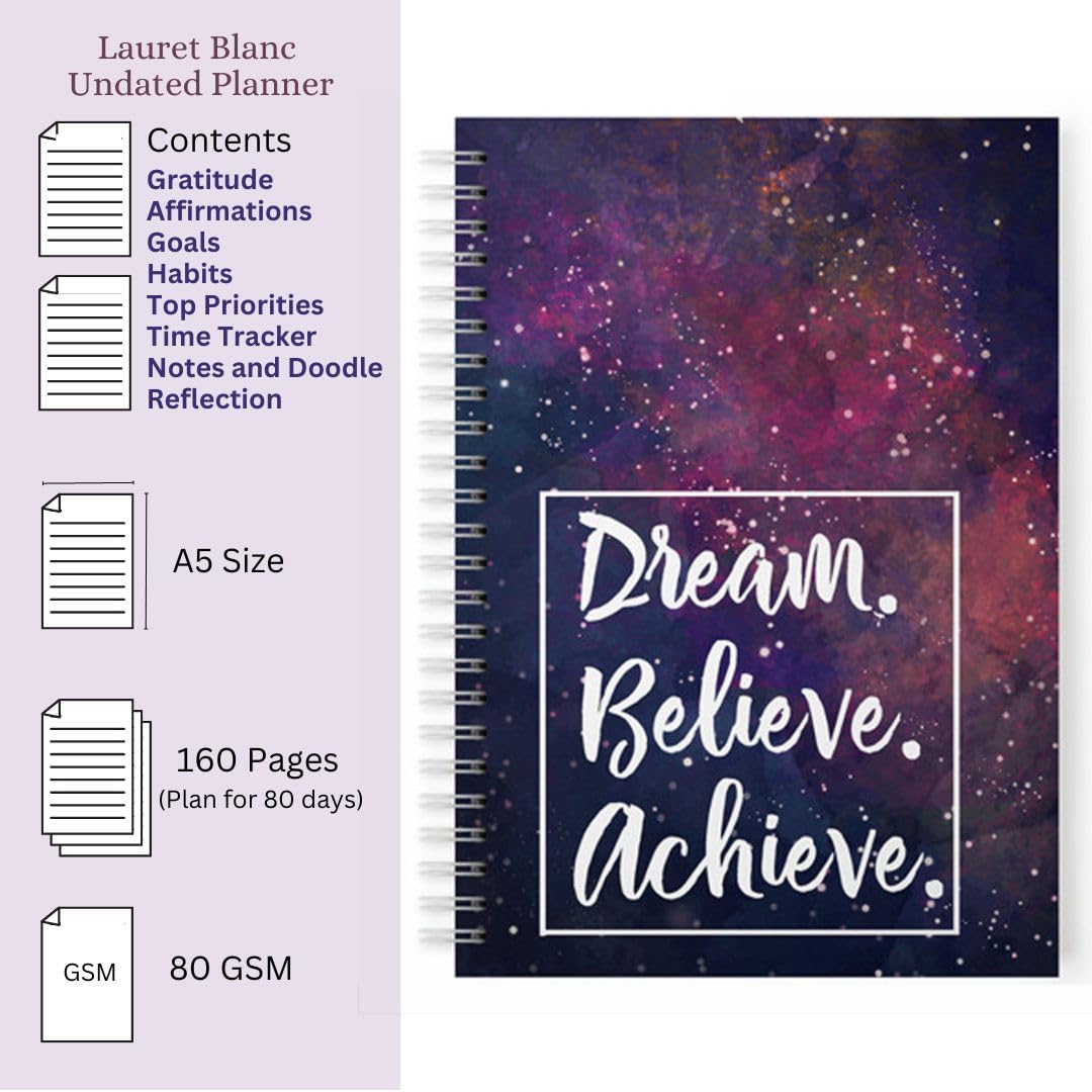 LAURET BLANC Daily Planner and Organizer, Affirmation and Gratitude Journal- A5, 80 GSM, 160 Pages. Plan for 80 Days.
