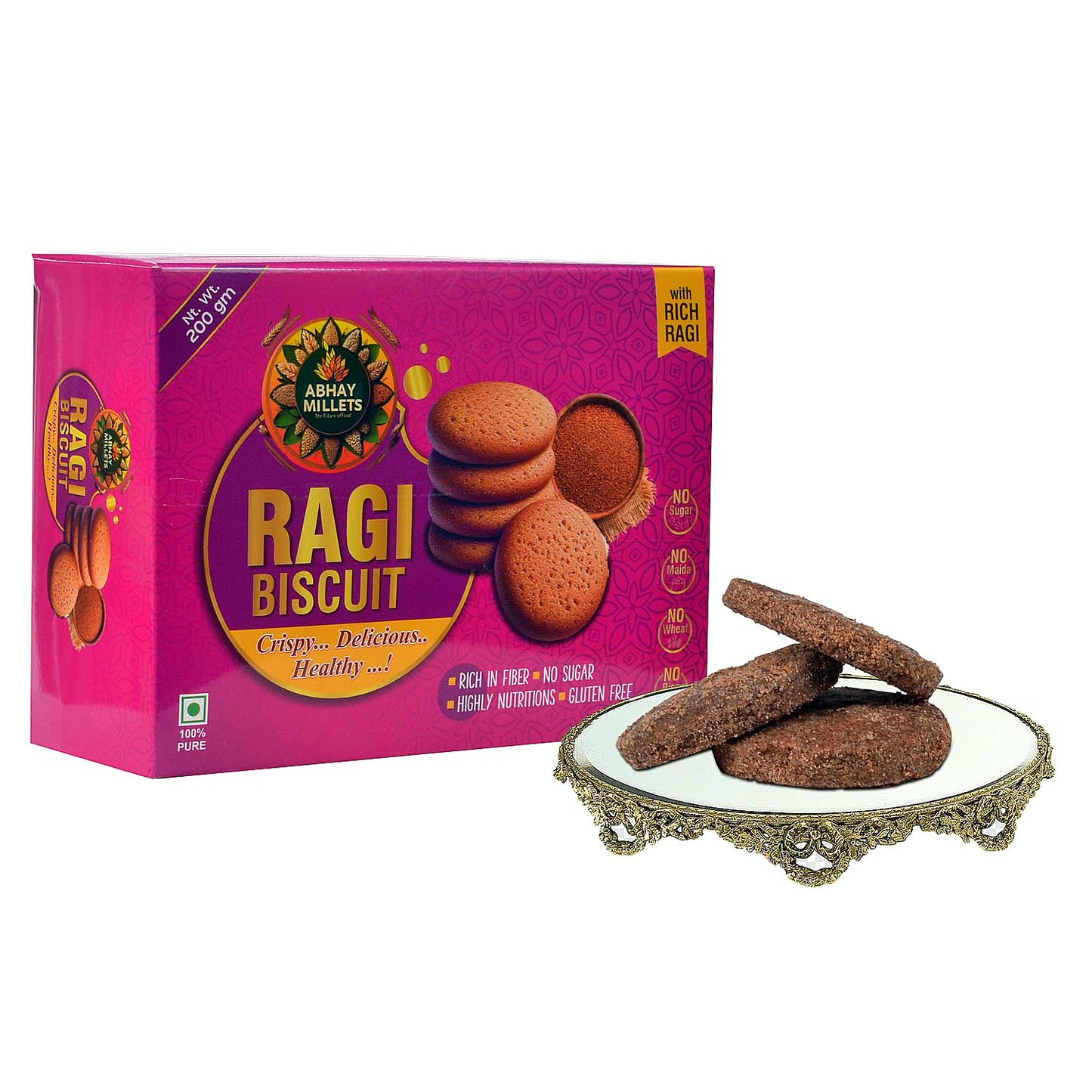 Abhay Millets Foxtail, Raagi, Multi & Moringa Cookies | 100% Natural, Gluten-Free, Palm Jaggery Sweetened | High-Fiber, Nutrient-Rich Healthy Snack | No Preservatives | 4 x 200g (800g Total)