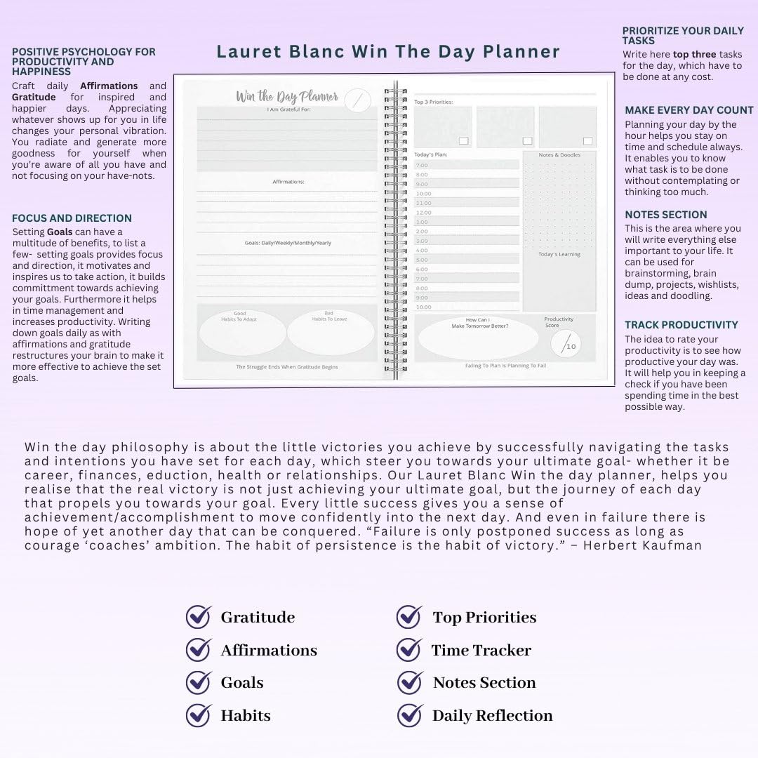 LAURET BLANC Daily Planner and Organizer, Affirmation and Gratitude Journal- A5, 80 GSM, 160 Pages. Plan for 80 Days.