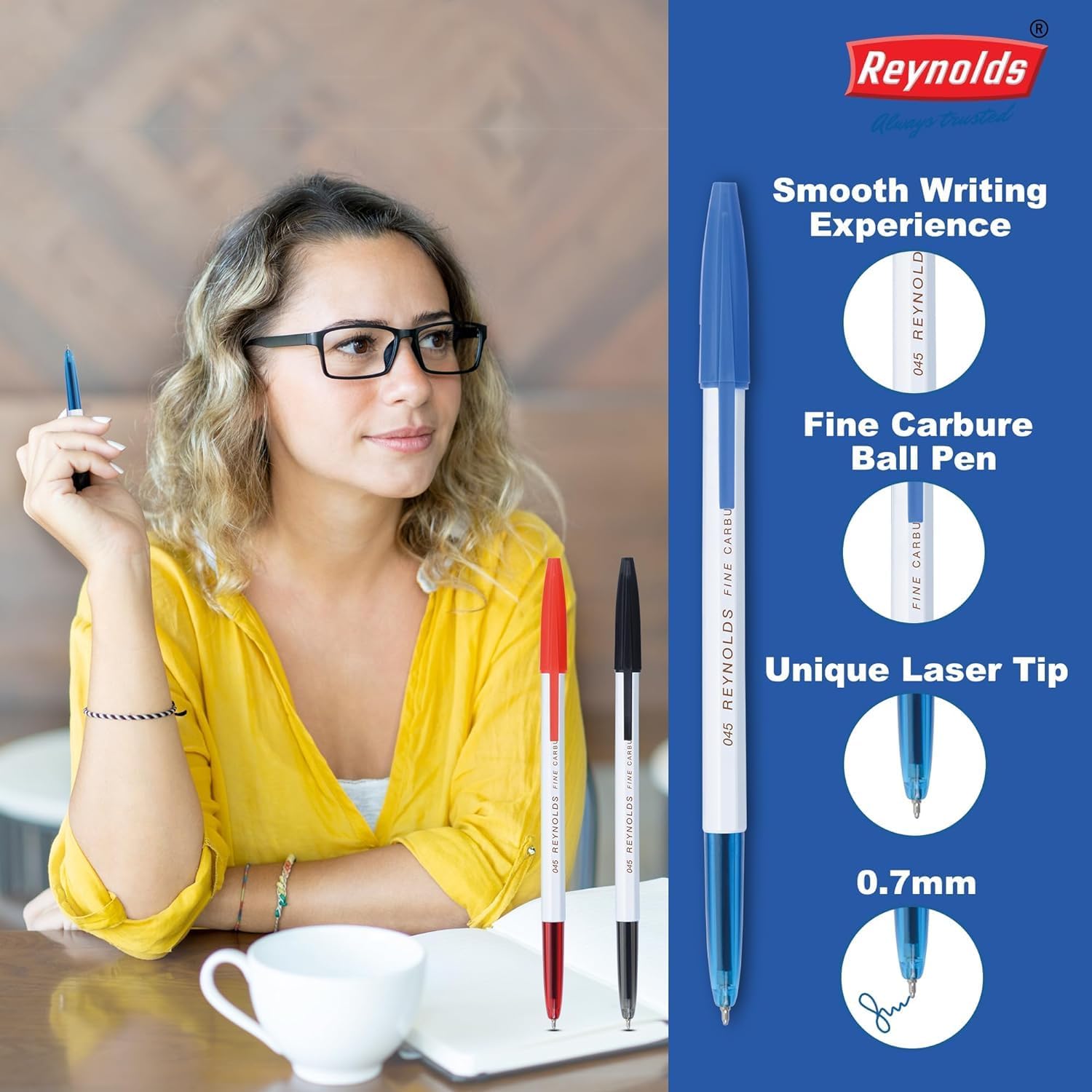 Reynolds 045 Ball Pen SET - 5 PENS (4 Blue 1 Black) | PENS WITH COMFORTABLE GRIP | BALL PENS FOR WRITING | PEN FOR STUDENTS & OFFICE STATIONERY | 0.7 mm TIP SIZE