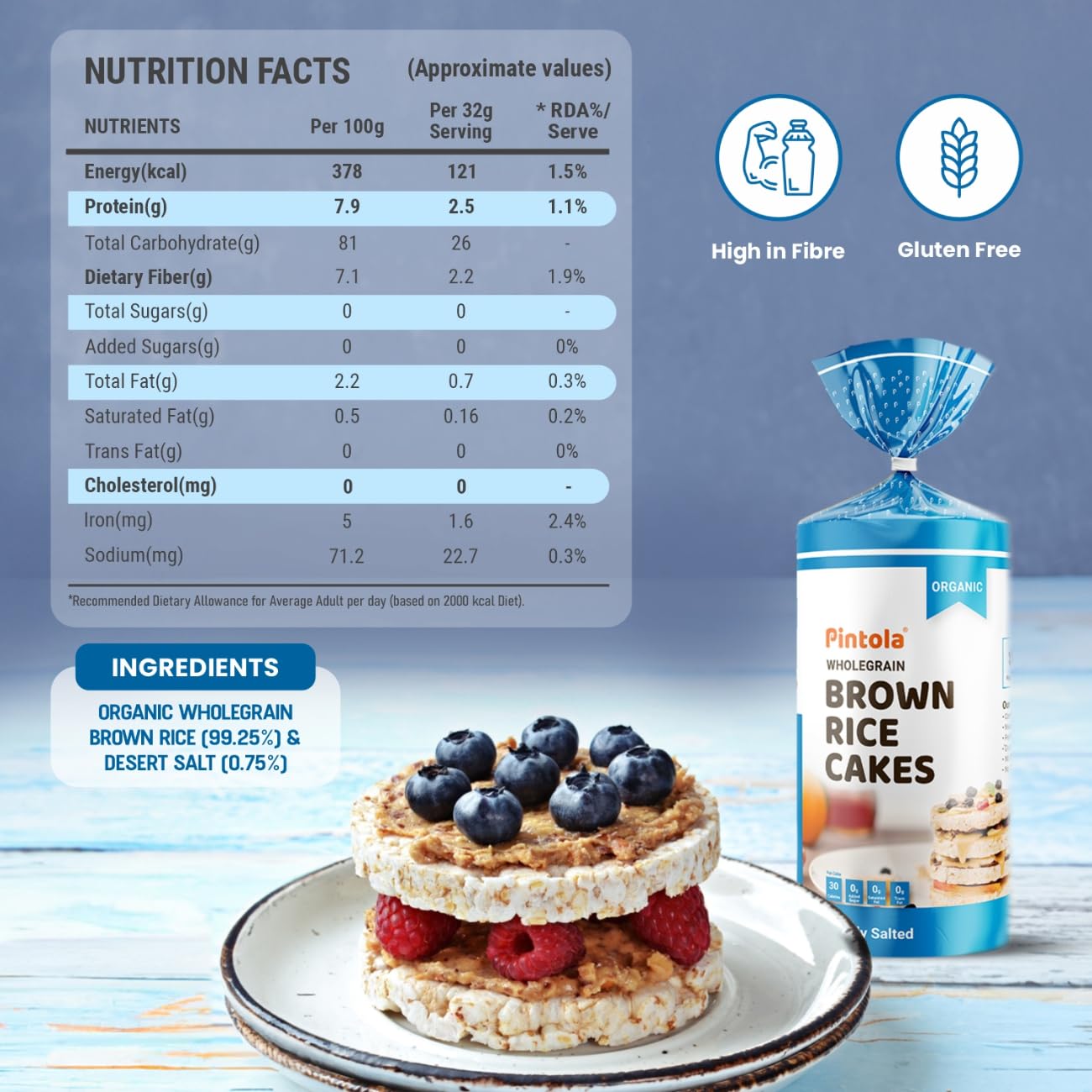 Pintola Organic Wholegrain Brown Rice Cakes Combo Pack (All Natural) (Unsalted and Lightly Salted) (130 g * 2)