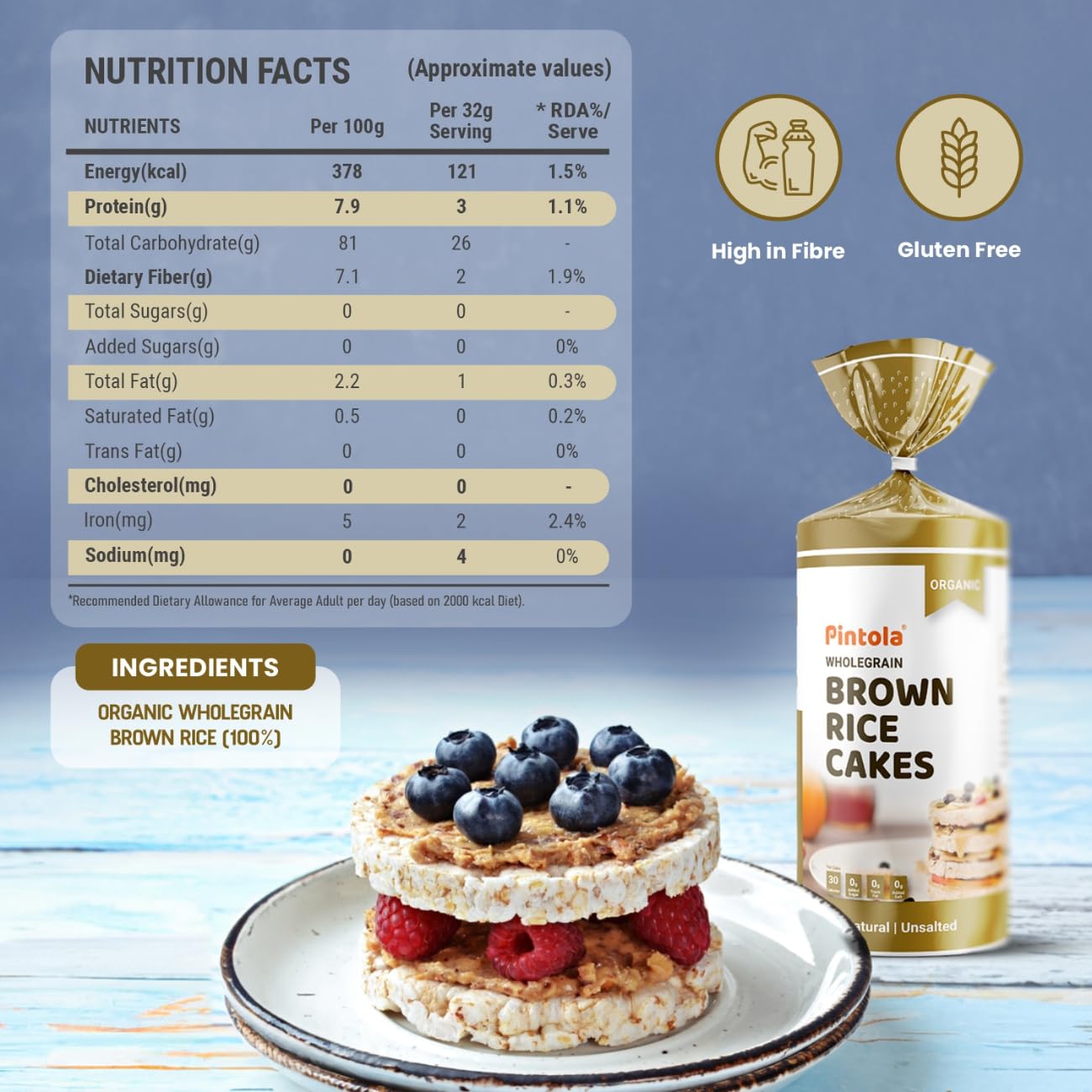 Pintola Organic Wholegrain Brown Rice Cakes Combo Pack (All Natural) (Unsalted and Lightly Salted) (130 g * 2)