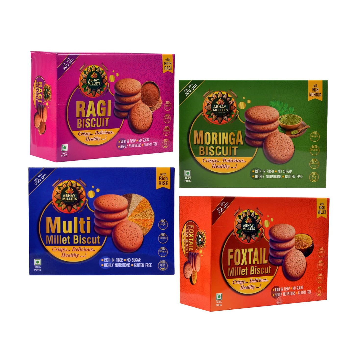 Abhay Millets Foxtail, Raagi, Multi & Moringa Cookies | 100% Natural, Gluten-Free, Palm Jaggery Sweetened | High-Fiber, Nutrient-Rich Healthy Snack | No Preservatives | 4 x 200g (800g Total)