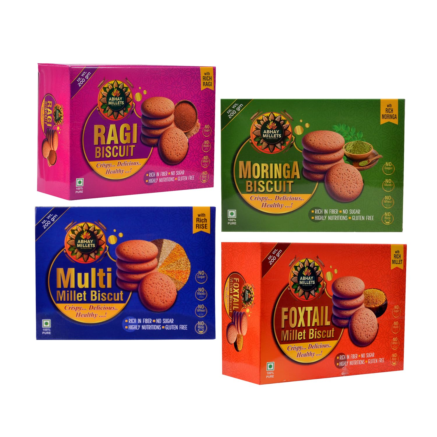 Abhay Millets Foxtail, Raagi, Multi & Moringa Cookies | 100% Natural, Gluten-Free, Palm Jaggery Sweetened | High-Fiber, Nutrient-Rich Healthy Snack | No Preservatives | 4 x 200g (800g Total)