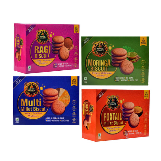 Abhay Millets Foxtail, Raagi, Multi & Moringa Cookies | 100% Natural, Gluten-Free, Palm Jaggery Sweetened | High-Fiber, Nutrient-Rich Healthy Snack | No Preservatives | 4 x 200g (800g Total)
