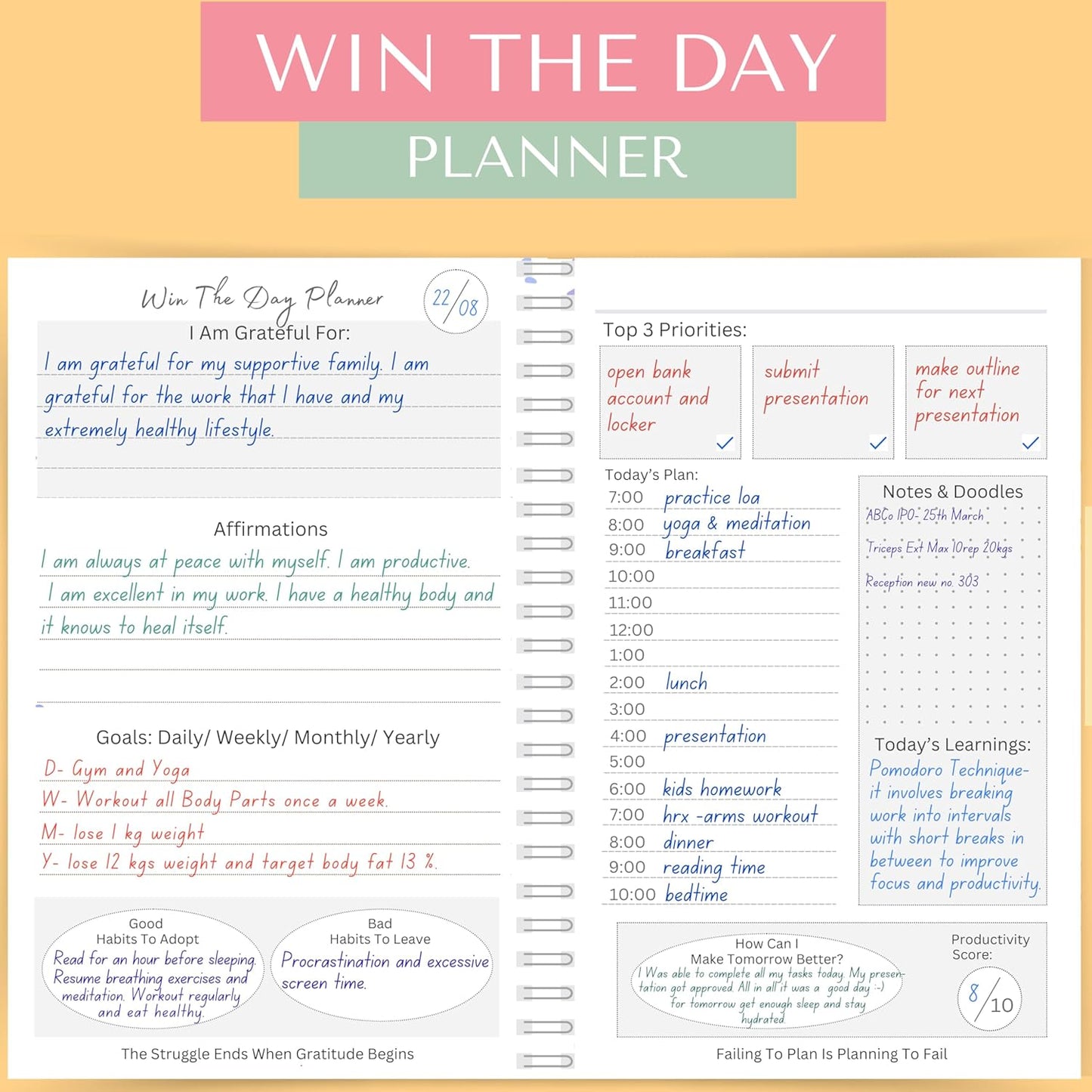 LAURET BLANC Daily Planner and Organizer, Affirmation and Gratitude Journal- A5, 80 GSM, 160 Pages. Plan for 80 Days.