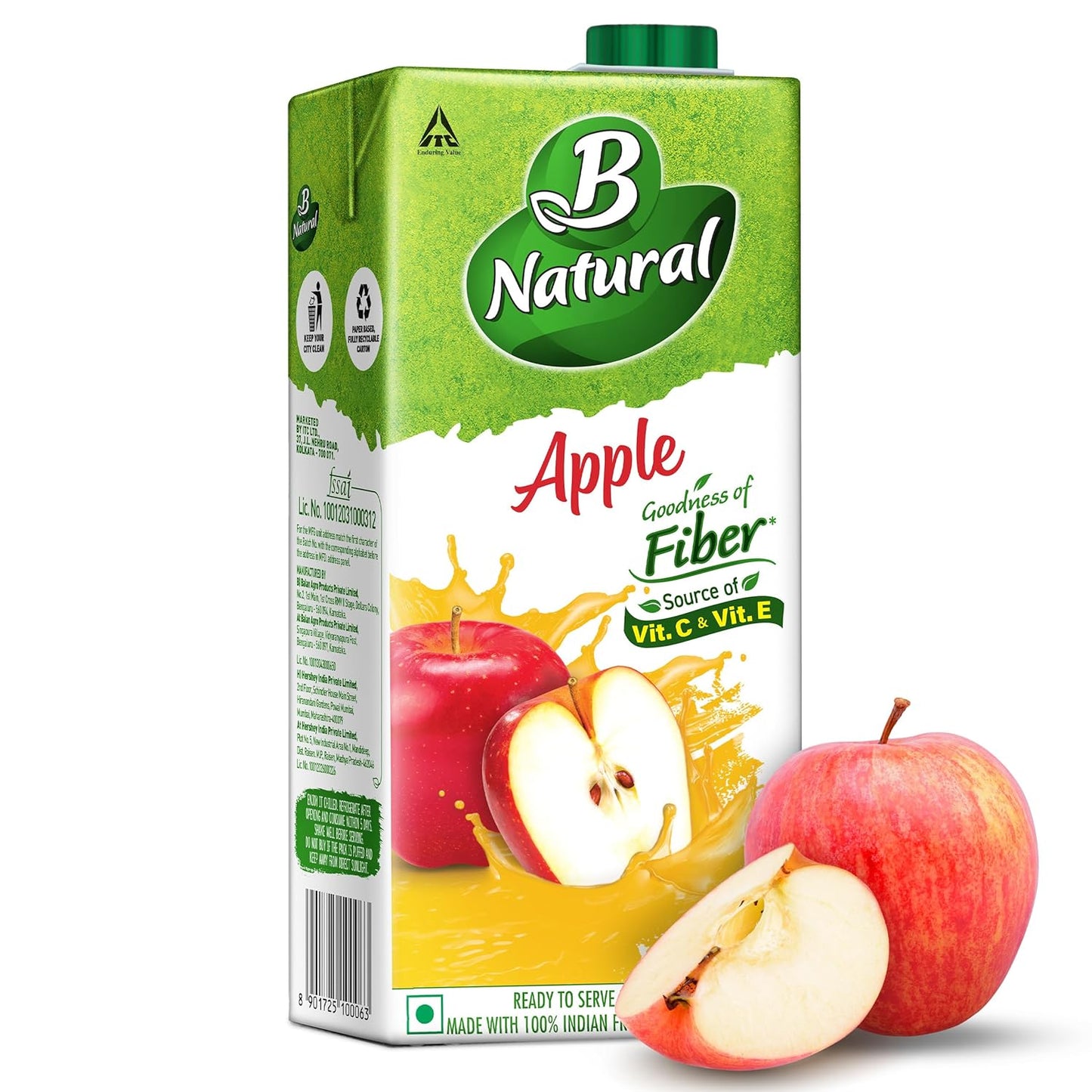 B Natural Apple Juice, Goodness of fiber, Vitamin C & E, Made with 100% Fruit Pulp and 0% Concentrate,1 litre