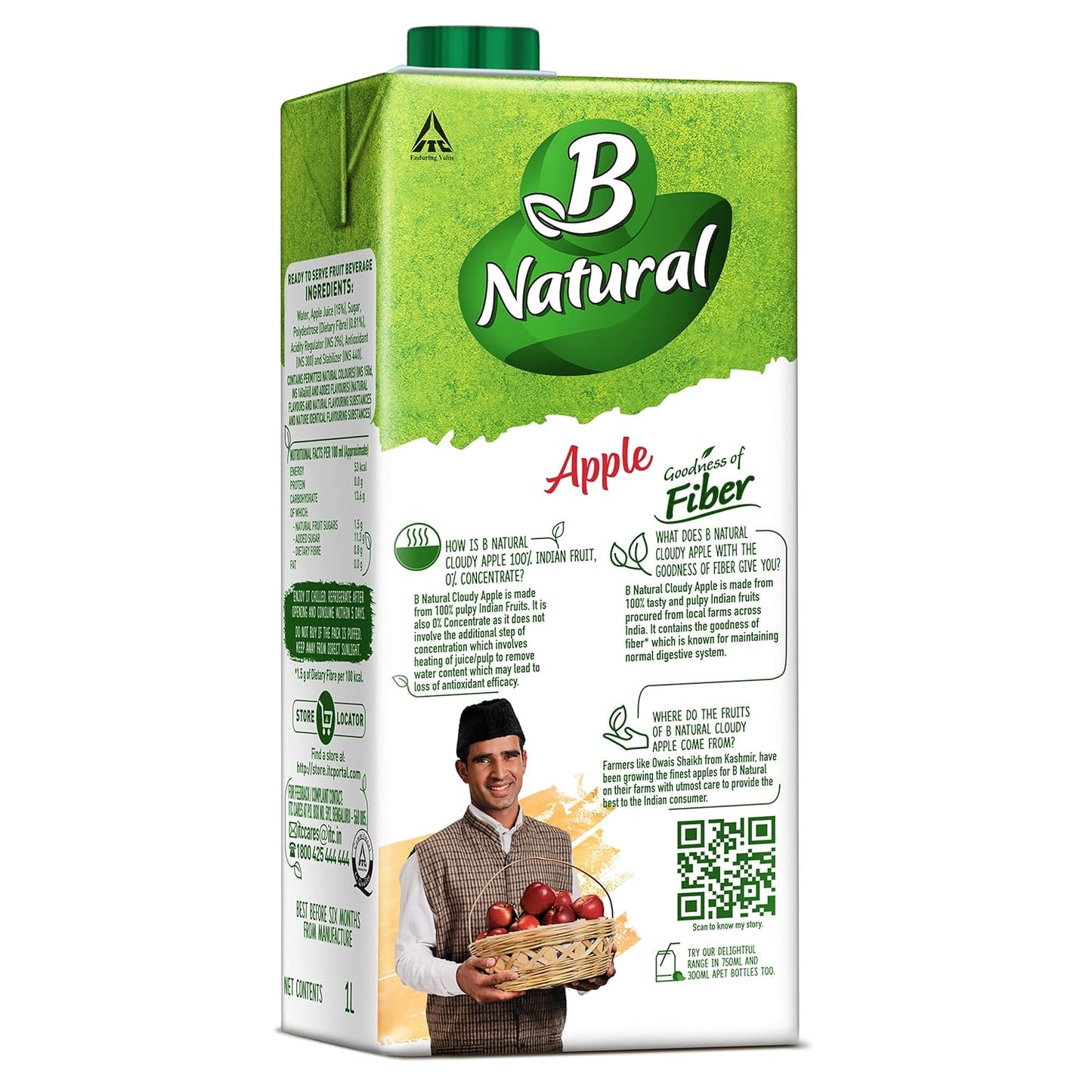 B Natural Apple Juice, Goodness of fiber, Vitamin C & E, Made with 100% Fruit Pulp and 0% Concentrate,1 litre