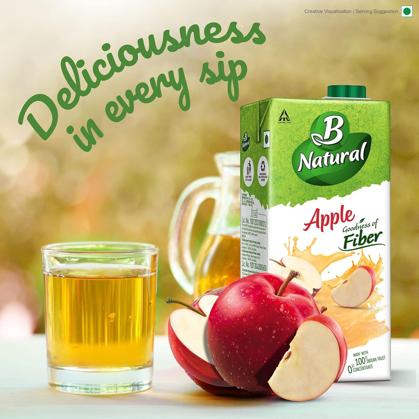 B Natural Apple Juice, Goodness of fiber, Vitamin C & E, Made with 100% Fruit Pulp and 0% Concentrate,1 litre