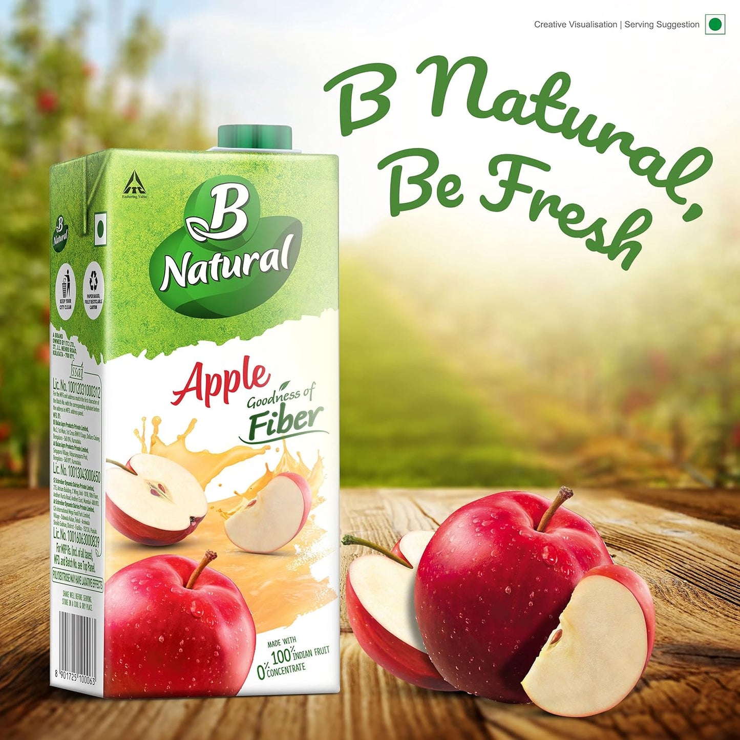 B Natural Apple Juice, Goodness of fiber, Vitamin C & E, Made with 100% Fruit Pulp and 0% Concentrate,1 litre