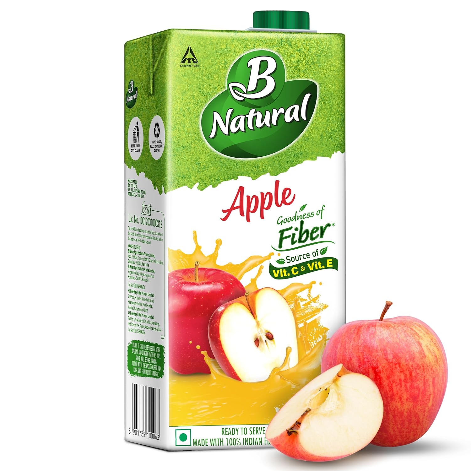 B Natural Apple Juice, Goodness of fiber, Vitamin C & E, Made with 100% Fruit Pulp and 0% Concentrate,1 litre